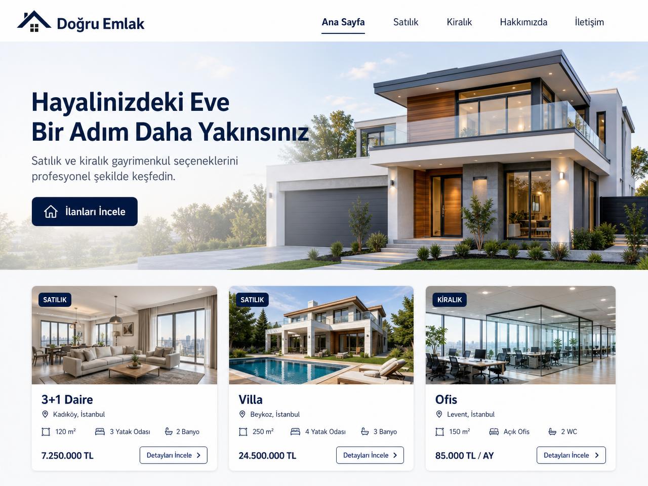 Emlak sektörü için hazırlanmış örnek web sitesi ana sayfa tasarımı