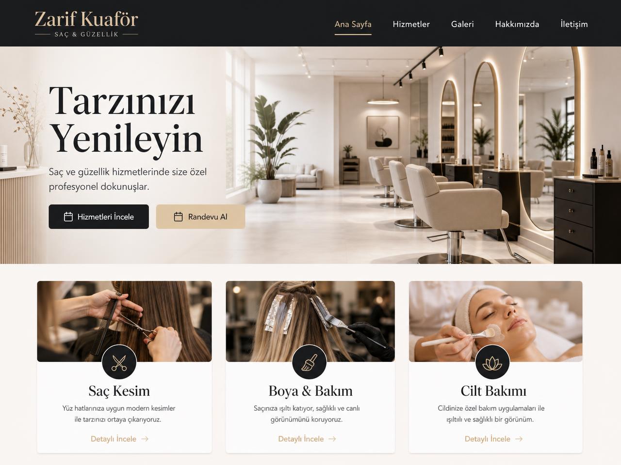 Kuaför & Güzellik sektörü için hazırlanmış örnek web sitesi ana sayfa tasarımı