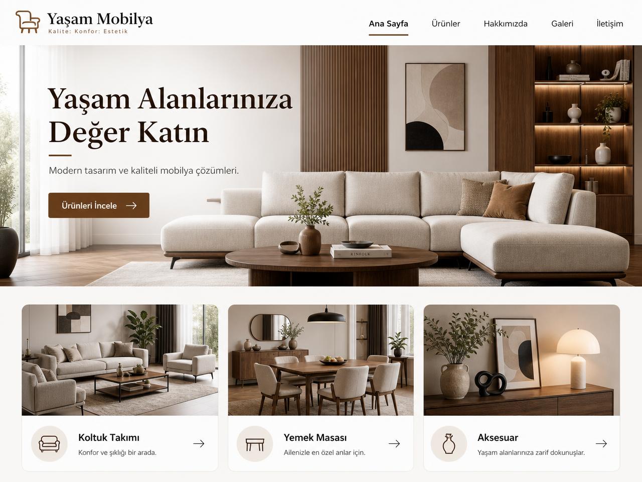 Mobilya & Dekorasyon sektörü için hazırlanmış örnek web sitesi ana sayfa tasarımı